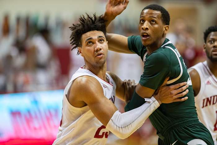 Indiana forward Trayce Jackson-Davis (left) and Michigan State's Marcus Bingham Jr. (right) fight for position on Feb. 20 at Simon Skjodt Assembly Hall. (Trevor Ruszkowski-USA TODAY Sports)